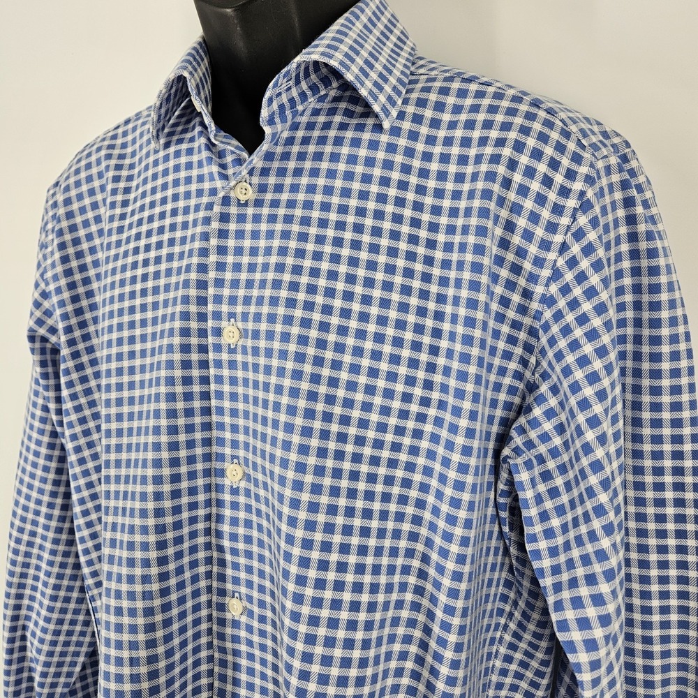David Donahue Shirt Men's Size 15.5 32/33 Blue Plaid French Cuff Button Up